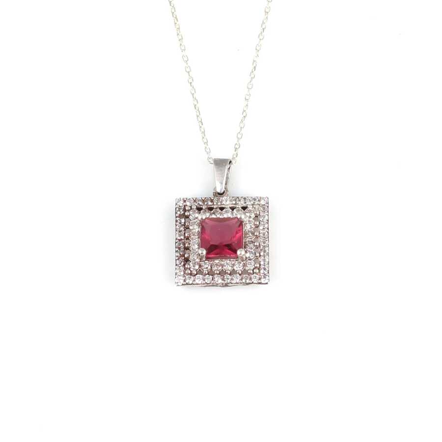 Sterling Silver Double Row Halo Square Ruby Zircon Pendant Necklace