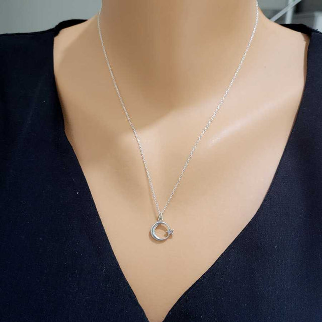 925 Sterling Silver Crescent and Star Pendant Necklace - Minimalist Design