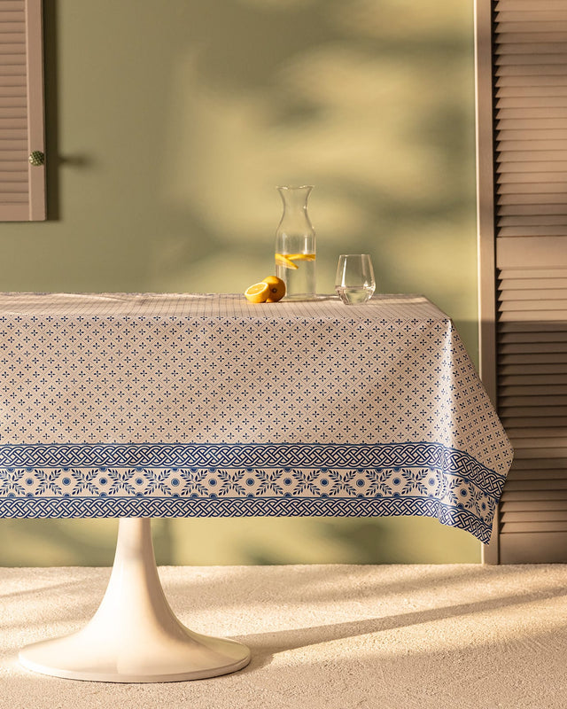 Durable PVC Tablecloth - Easy-Care White & Blue Dining Accent