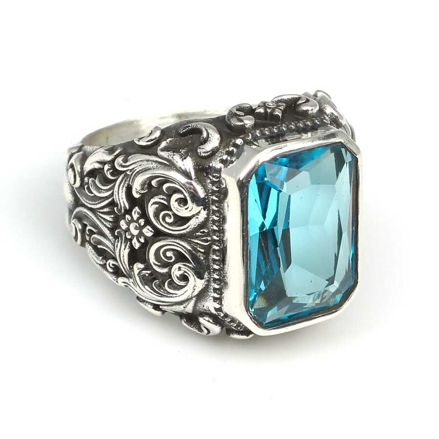 Bague pour homme en argent sterling 925 gravée à la main avec aigue-marine