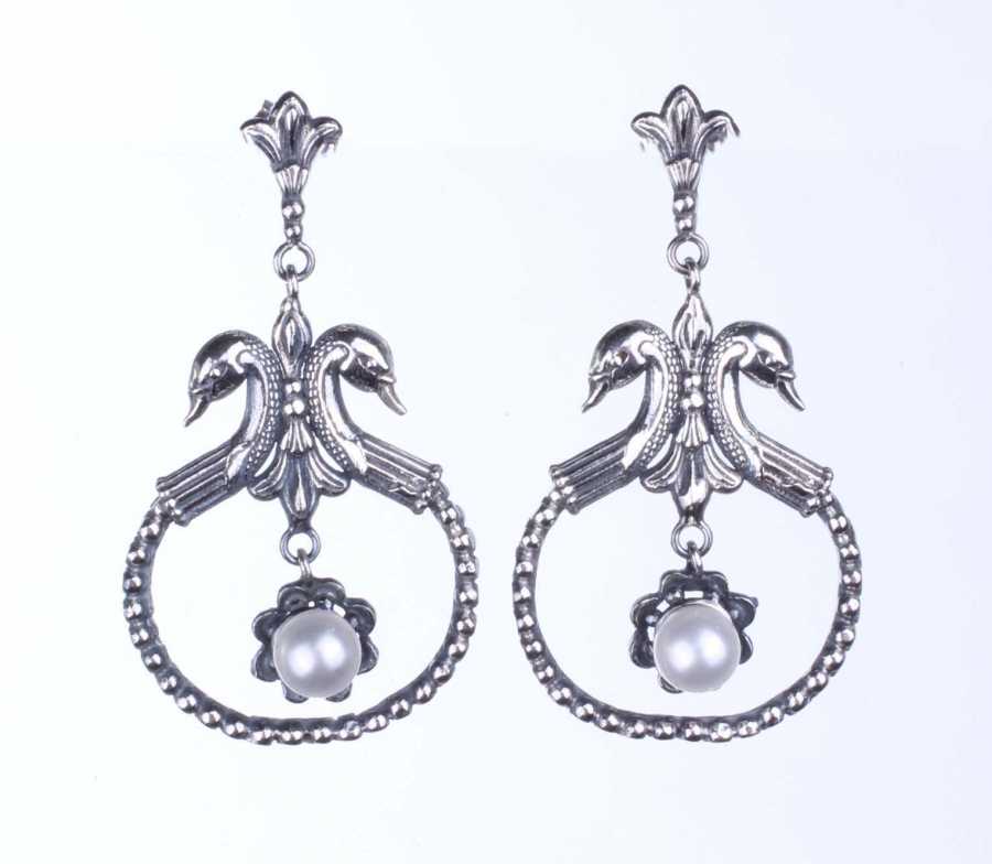 Sterling Silver Pearl Swan Earrings - Antique Byzantine Style