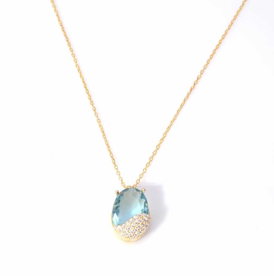 925 Sterling Silver Aquamarine & Zircon Gemstone Pendant Necklace