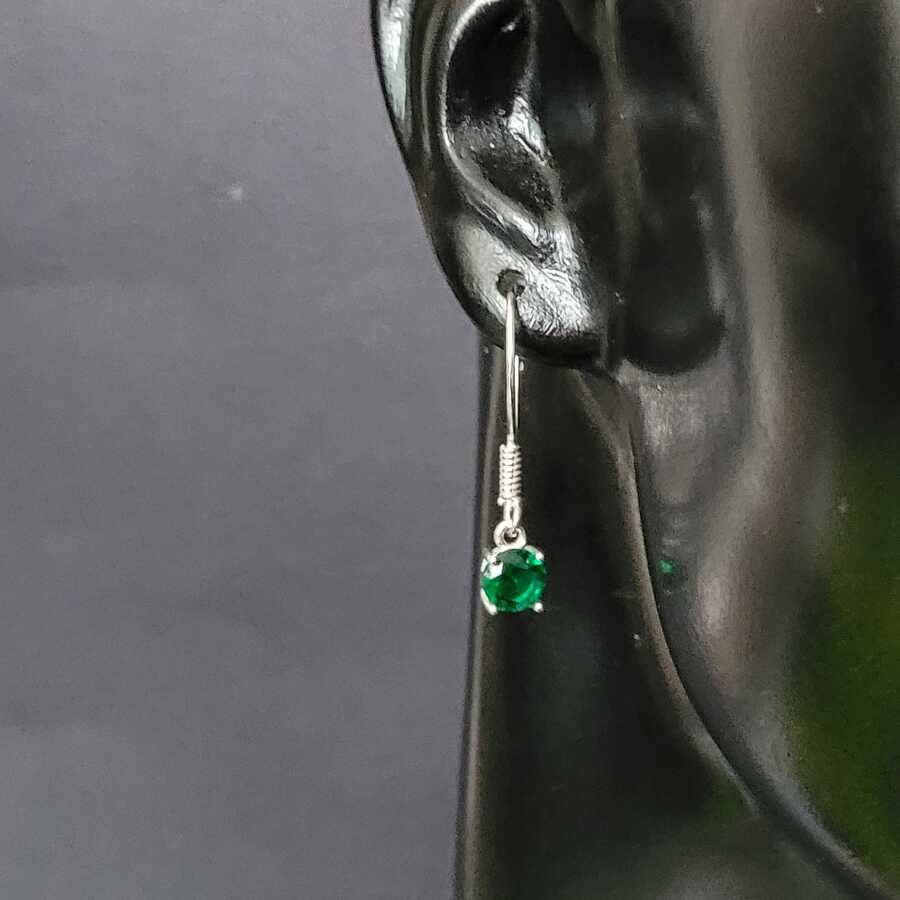 Sterling Silver Round Synthetic Emerald Dangle Earrings - Elegant & Petite