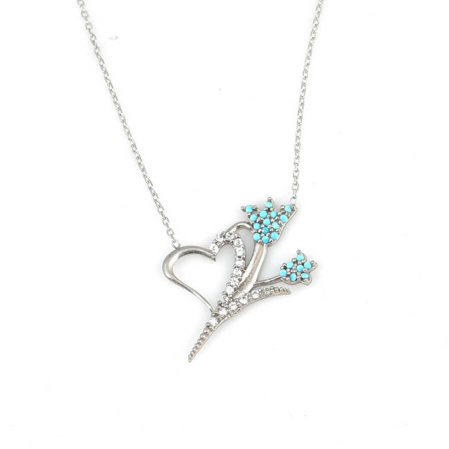 Sterling Silver Turquoise & Zircon Heart & Tulip Pendant Necklace