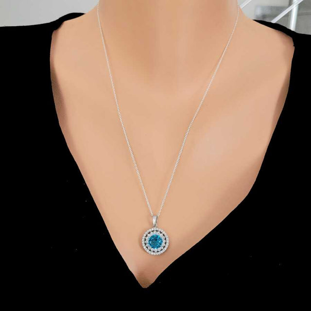 925 Sterling Silver Double Row Halo Aquamarine Zircon Necklace