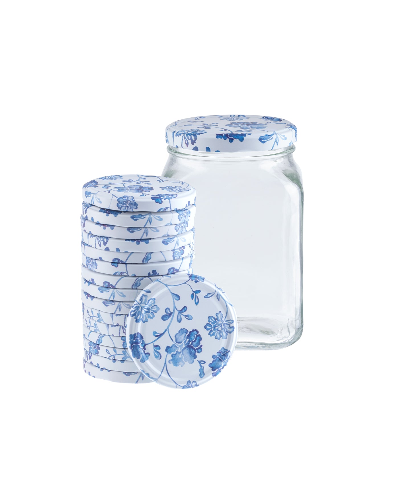 Square Glass Food Storage Jar with Blue Floral Design - 1600 ml