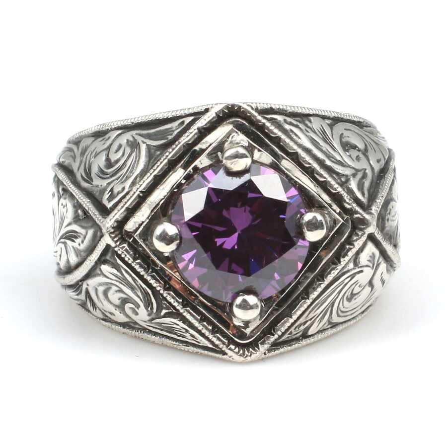 925 Sterling Silver Amethyst Men's Ring - Handcrafted Cross Design