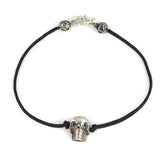 925 Sterling Silver Oxidized Skull Black Cord Bracelet - Edgy Design