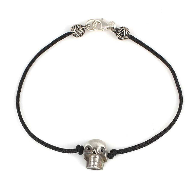 925 Sterling Silver Oxidized Skull Black Cord Bracelet - Edgy Design