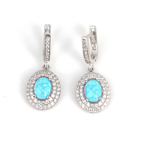 Premium 925 Sterling Silver Oval Blue Opal Cluster Earrings