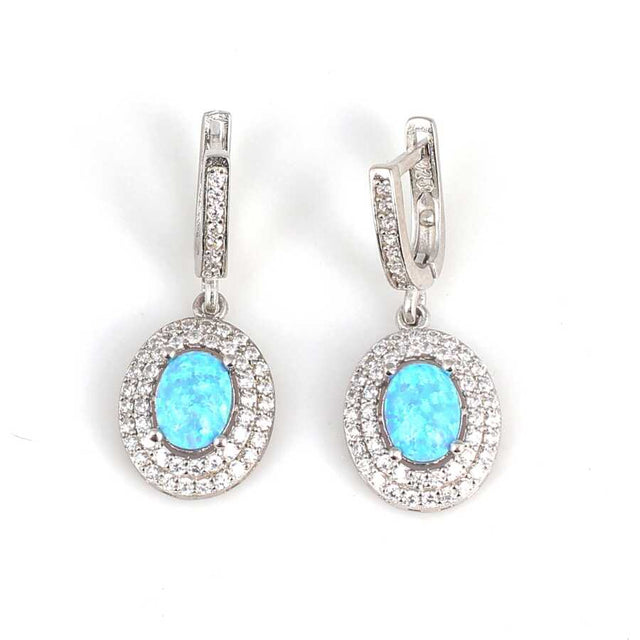 Premium 925 Sterling Silver Oval Blue Opal Cluster Earrings