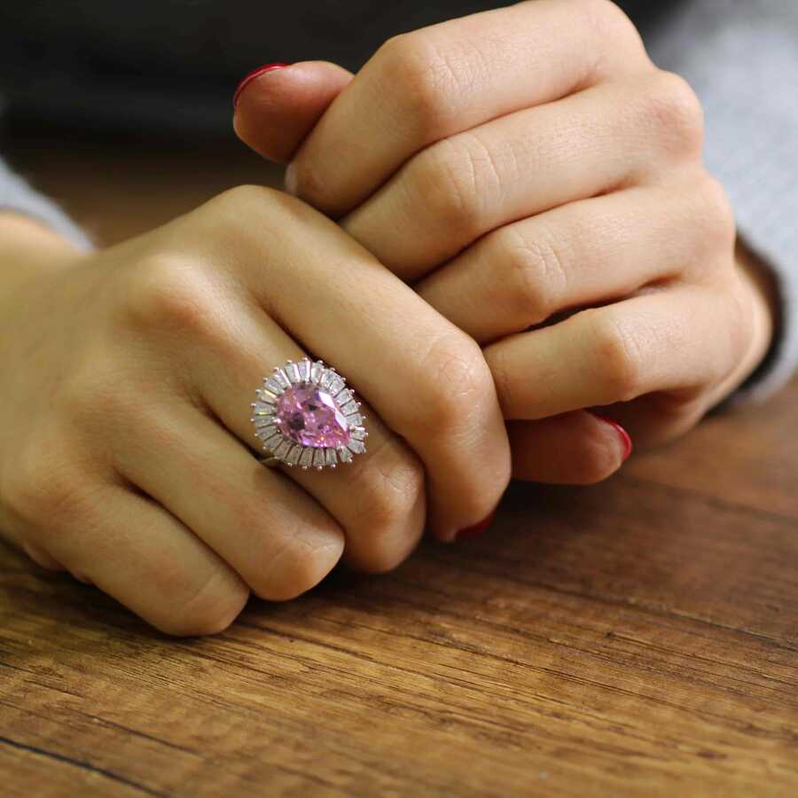 Premium 925 Sterling Silver Drop Pink Quartz Baguette Ring