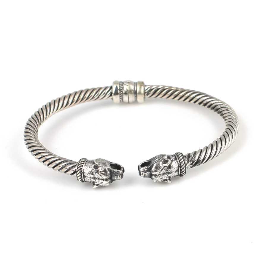 Sterling Silver Men's Bracelet - Twisted Bear Head Spring Design