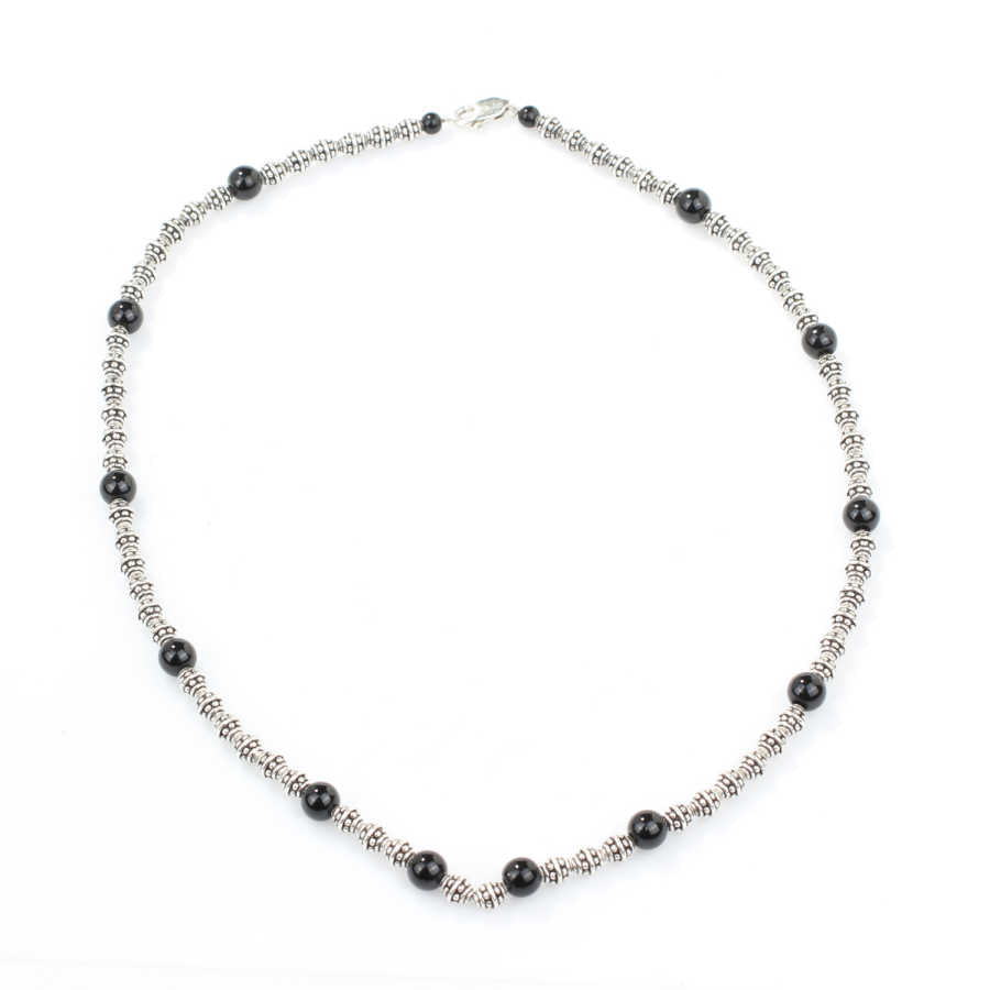 Sterling Silver Onyx Ball Necklace - Intricate Beaded Design