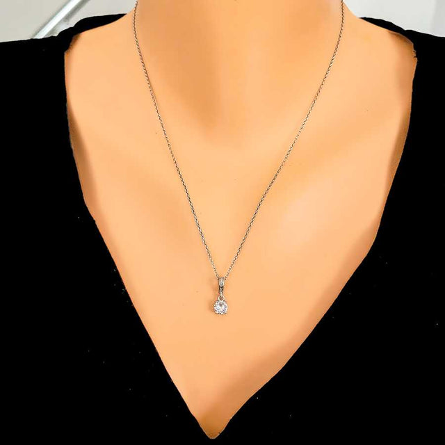 Sterling Silver Zircon Pendant Necklace - Dainty Round Design