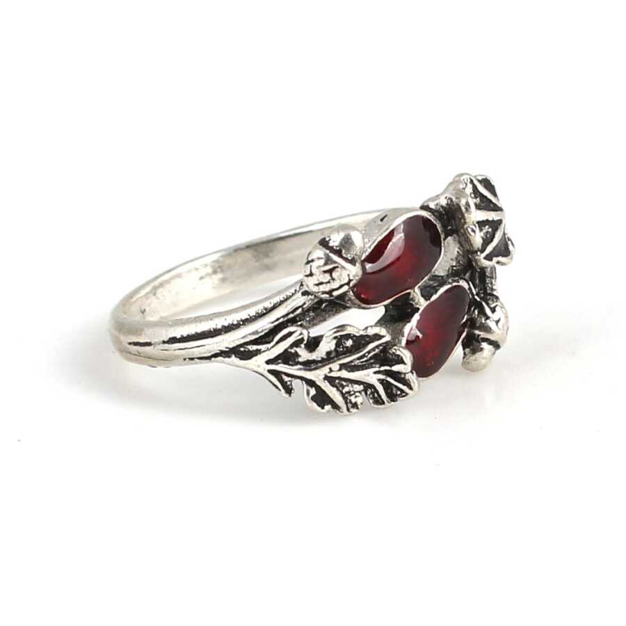Sterling Silver Double Leaf Ring - Hand-Enameled Red Design