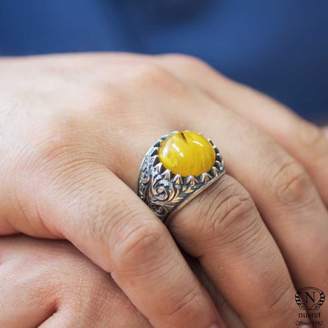 Sterling Silver Men's Ring - Round Pressed Amber & Hand-Engraved