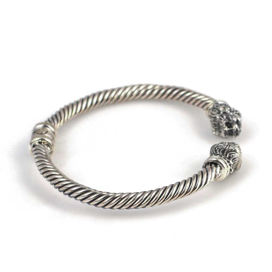 925 Sterling Silver Men's Bracelet - Maned Lion Head Twisted Cable