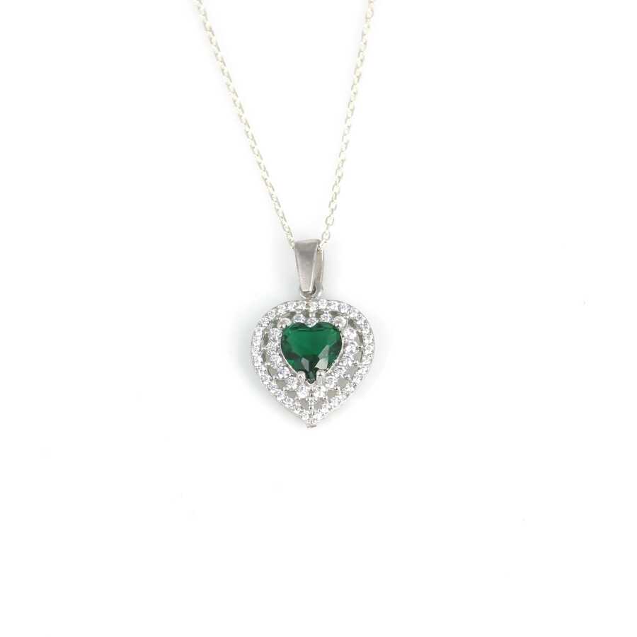 925 Sterling Silver Double Row Entourage Heart Emerald Zircon Necklace