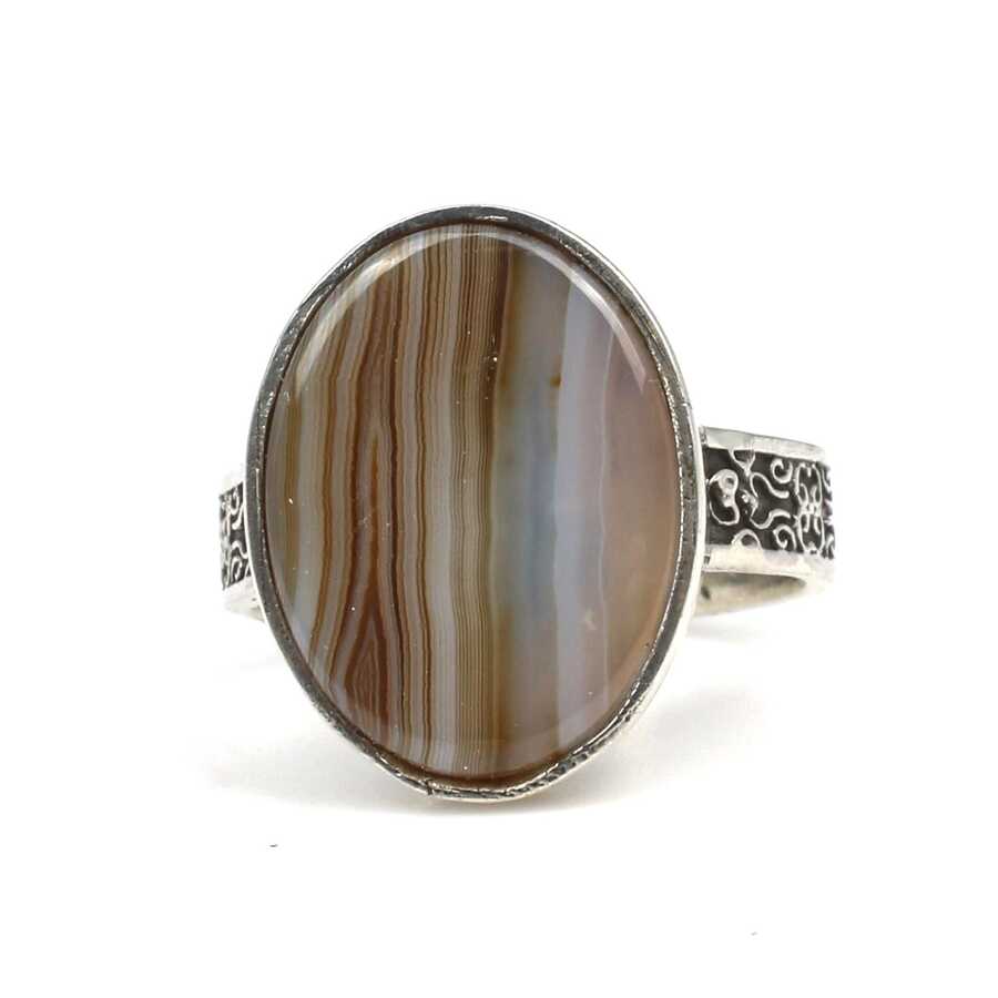 925 Sterling Silver Oval Tiger's Eye Ring - Engraved Band