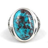 Sterling Silver Men's Ring - Oval Real Turquoise & Hand-Engraved
