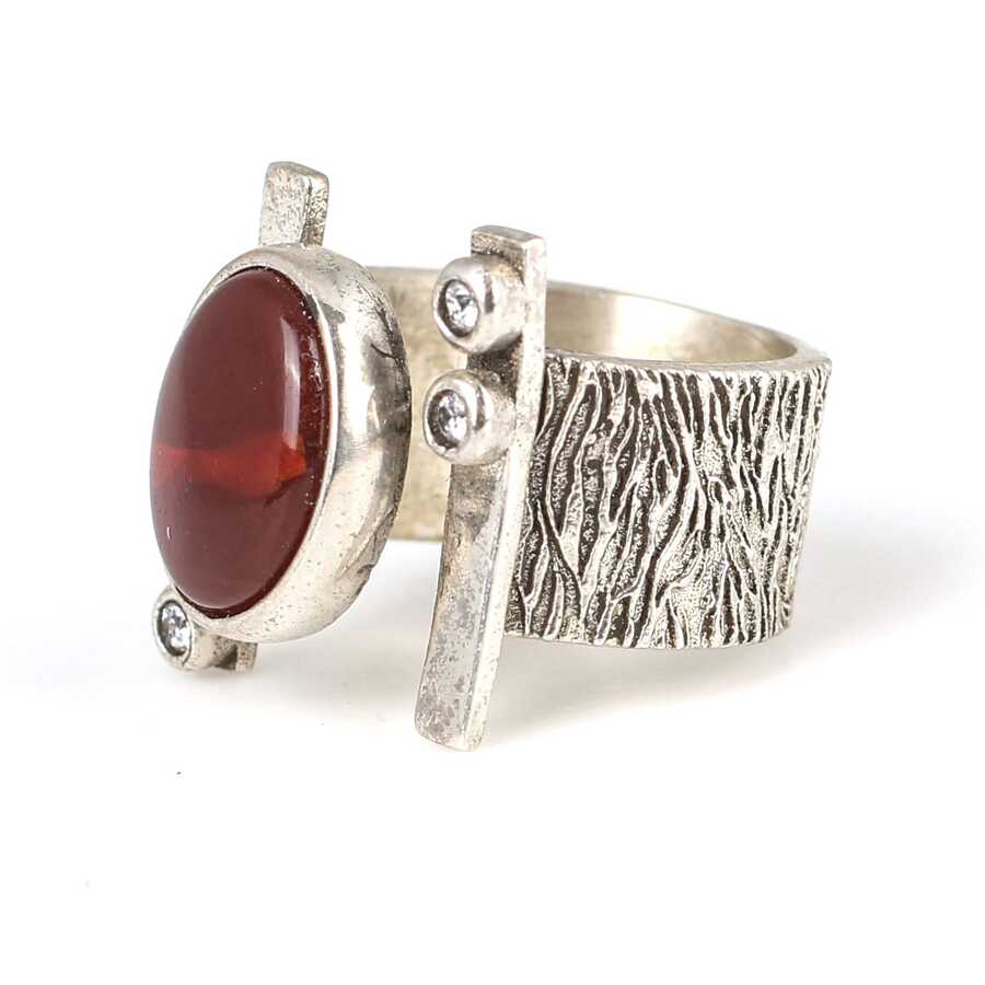 925 Sterling Silver Tree Bark Pattern Open Ring with Agate & Zircon