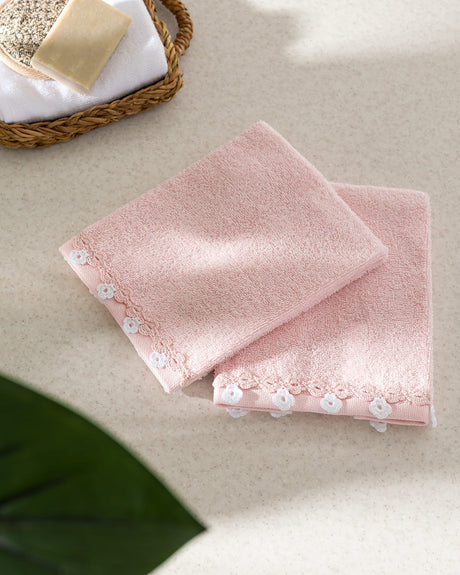 100% Cotton Crocheted Hand Towel Set - 2 Pack, Powder Pink