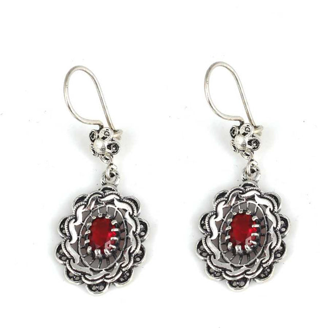 925 Sterling Silver Floral Filigree Earrings with Ruby Red Zircon