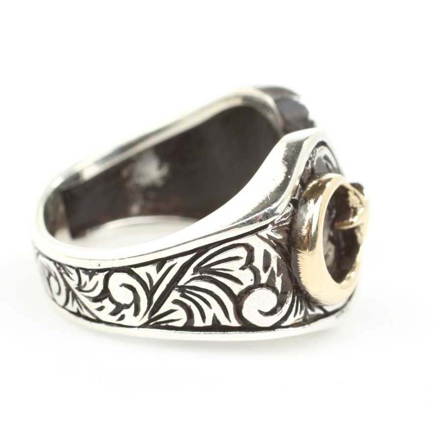 Bague pour homme en argent sterling - Croissant et étoile gravés à la main