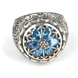 925 Sterling Silver Hand-Engraved Men's Ring with Teardrop Aquamarine Zircon