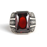 925 Sterling Silver Hand-Engraved Men's Ring with Rectangular Garnet