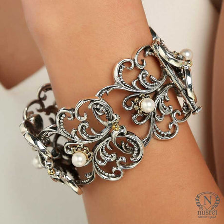 Sterling Silver Pearl Ancient Byzantine Bracelet - Wide Cuff