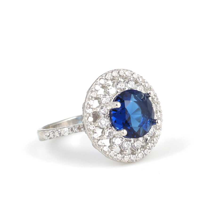 925 Sterling Silver Round Sapphire Zircon Halo Ring