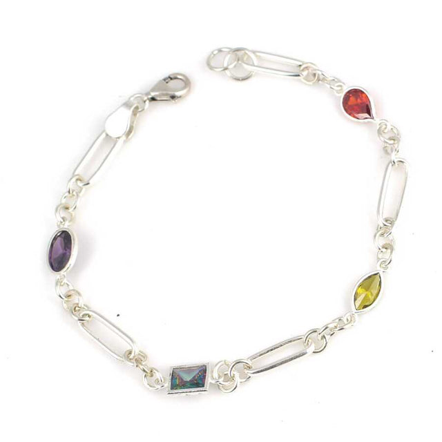 Sterling Silver Multi-Colored Zircon Paperclip Chain Bracelet
