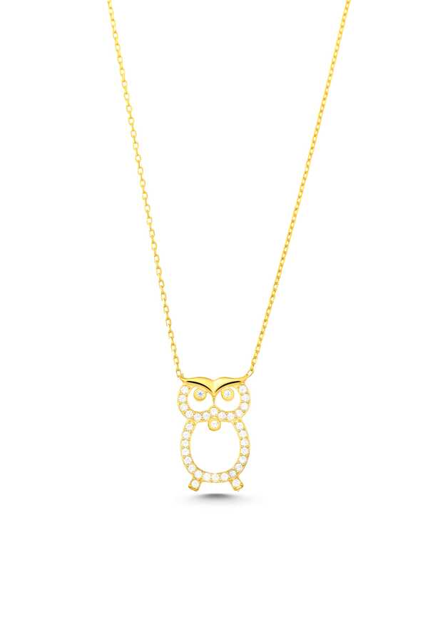 Sterling Silver Owl Pendant Necklace - White Zircon & Wisdom Symbol
