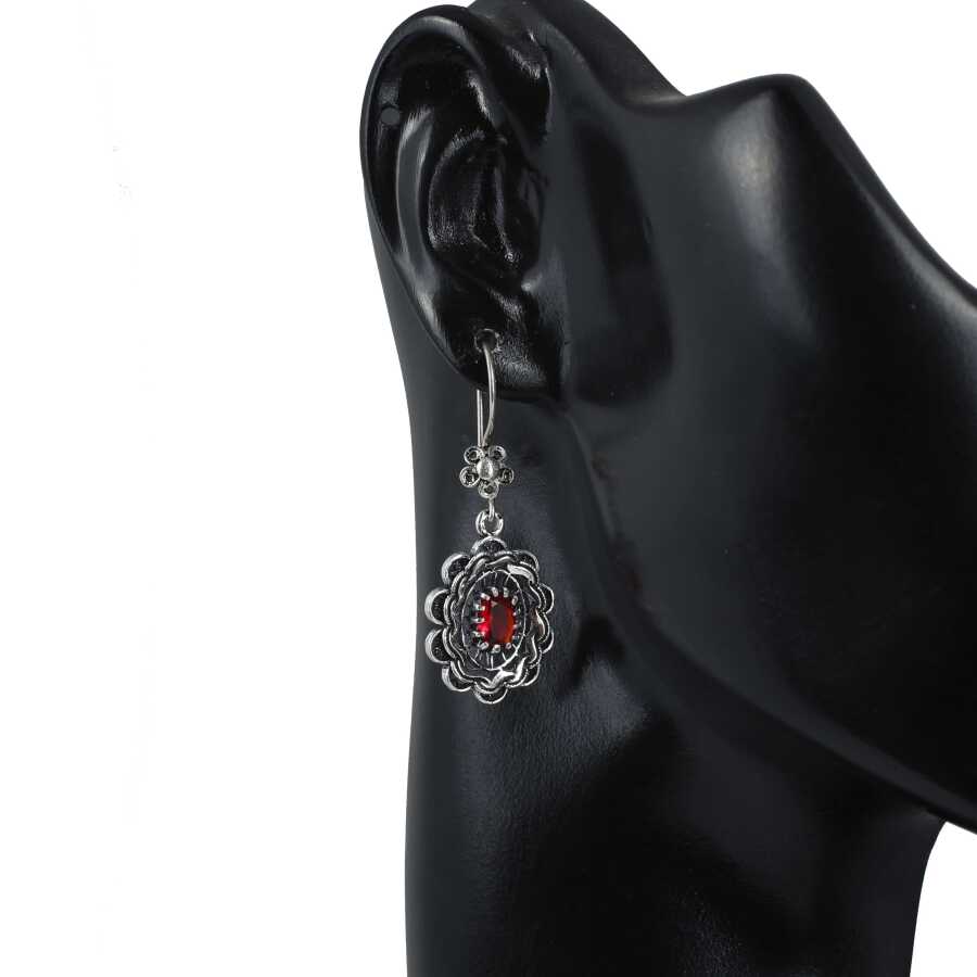 925 Sterling Silver Floral Filigree Earrings with Ruby Red Zircon
