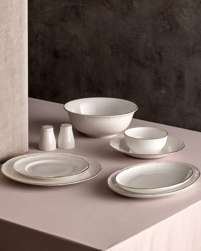 Fine Bone Porcelain 12-Person Dinner Set - White & Gold Trim