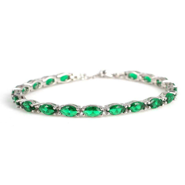 Sterling Silver Synthetic Emerald Tennis Bracelet - Almond Cut