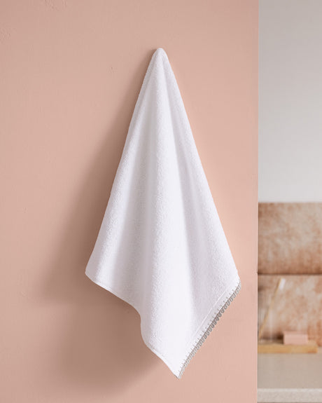 100% Cotton Crochet Trim Face Towel - Soft & Absorbent Hand Towel, White & Gray