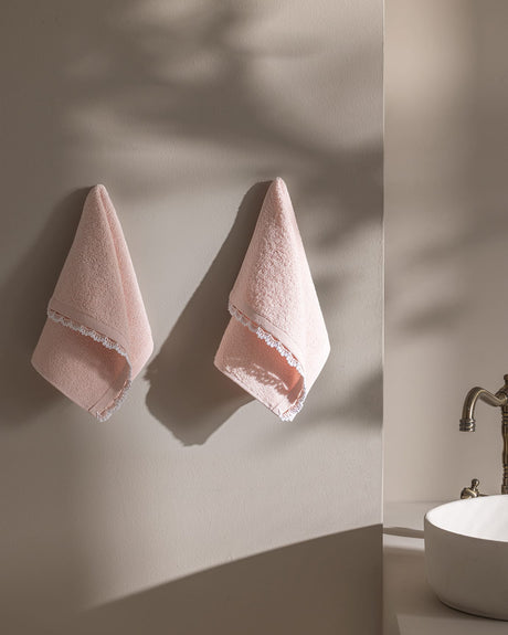 Luxury 100% Cotton Crocheted Hand Towel Set - 2 Pack - Powder Pink & White
