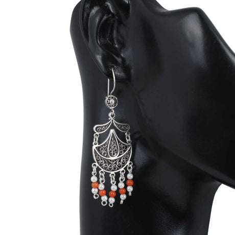 Sterling Silver Filigree Dangle Earrings - Coral & Pearl Moon Teardrop