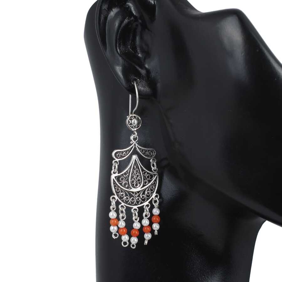 Sterling Silver Filigree Dangle Earrings - Coral & Pearl Moon Teardrop