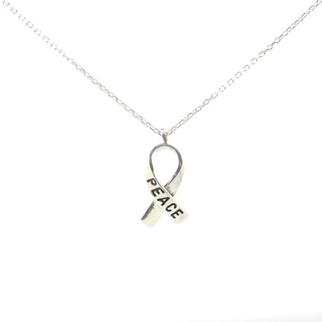 925 Sterling Silver Ribbon Necklace - "PEACE" Engraved Pendant