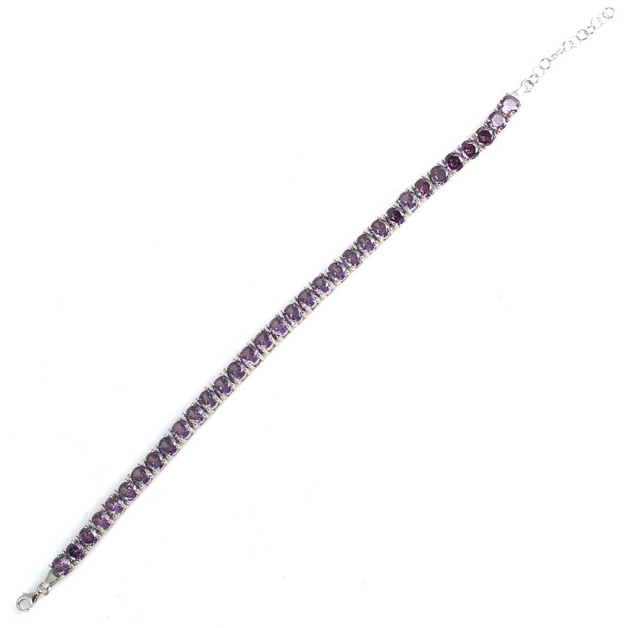 925 Sterling Silver Amethyst Line Bracelet - Classic Round Design