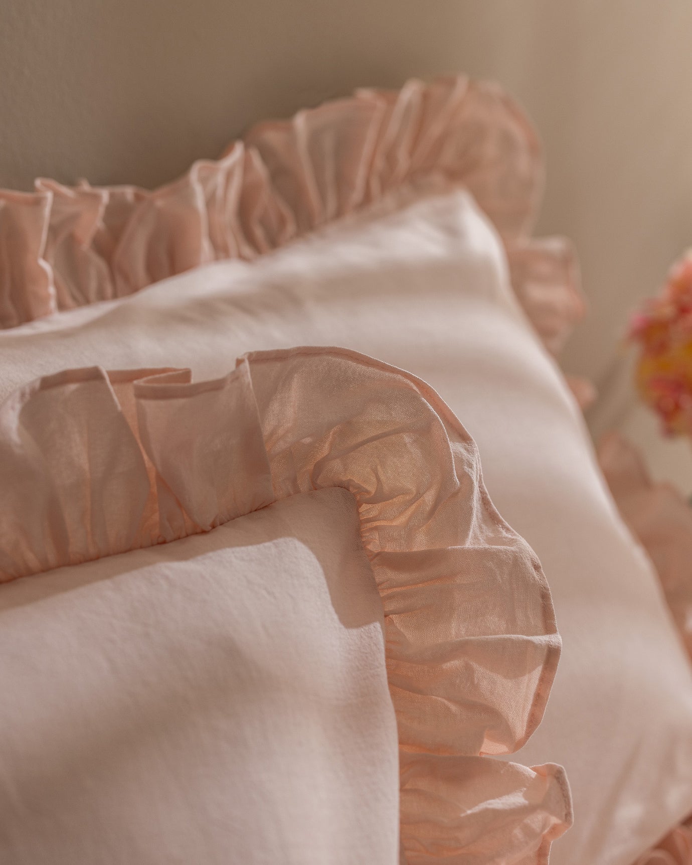 Double 100% Cotton Ruffle Plain Wash Duvet Cover Set, Powder Pink