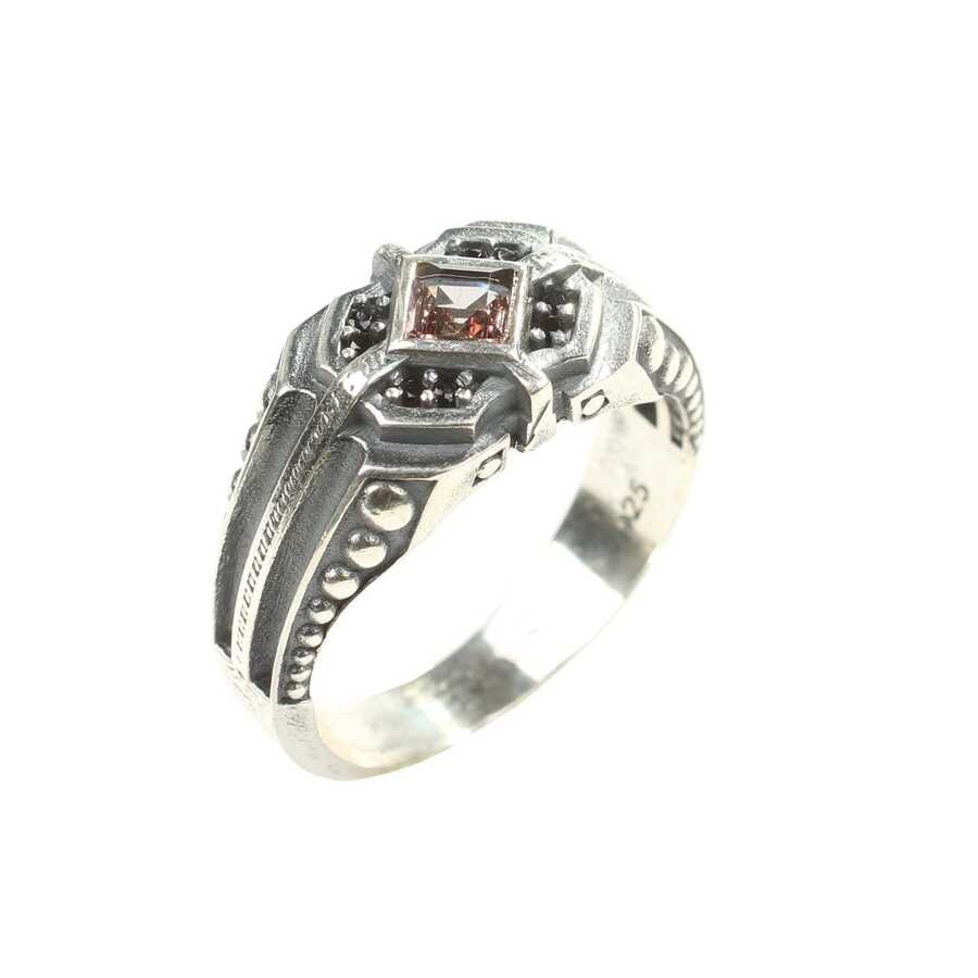 Sterling Silver Sultanite & Onyx Men's Ring - Square Motif
