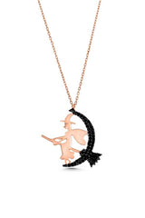Rose-Tone Sterling Silver Witch on Moon Necklace with Black Zircon