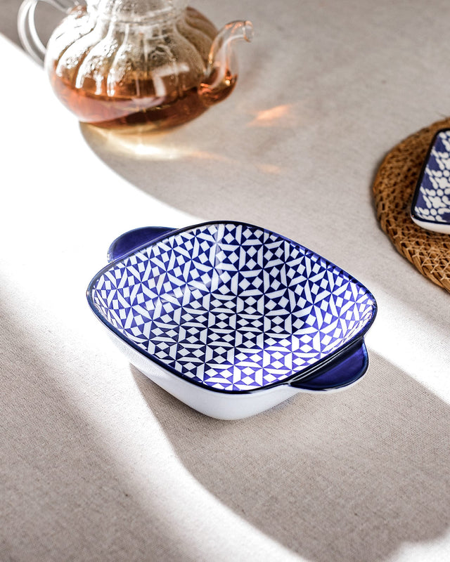 New Bone China Square Plate with Handle - Rêve Bleu Pattern