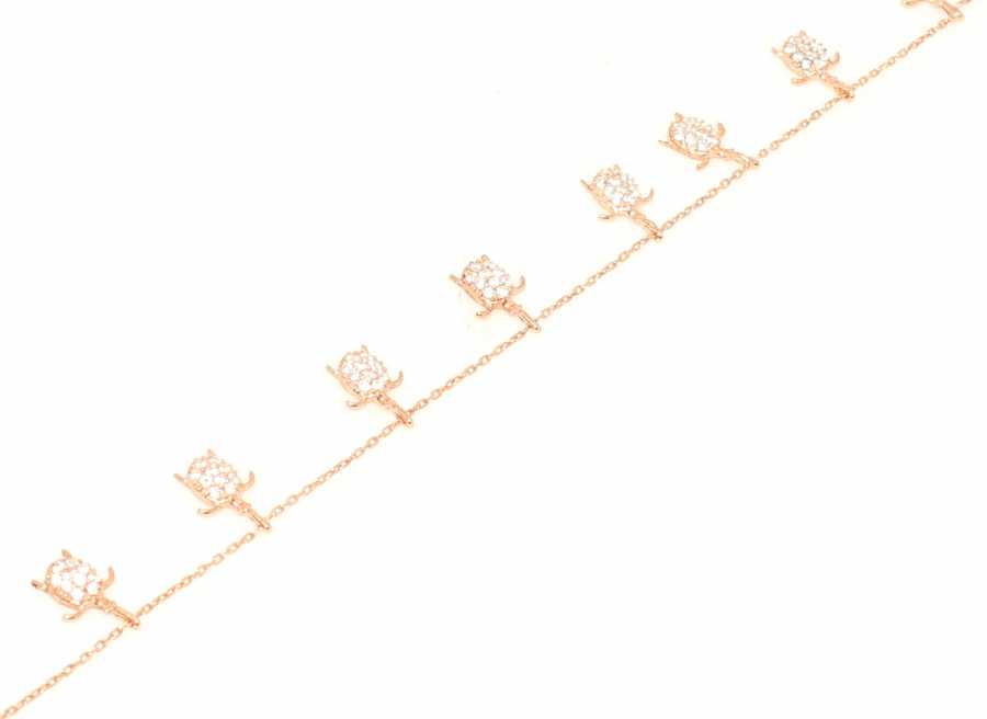 Rose Sterling Silver Turtle Anklet with Zircon Accents