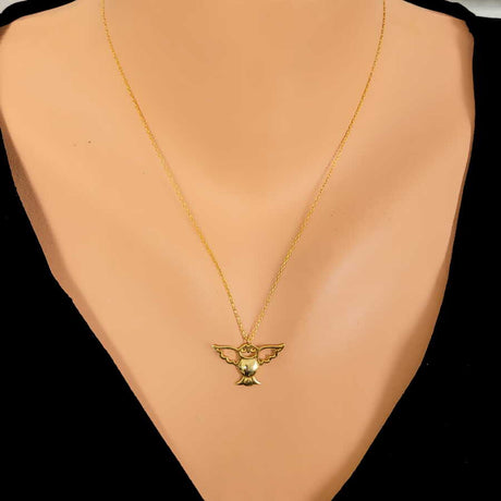 Sterling Silver Angel Owl Pendant Necklace - Yellow Rhodium Plated
